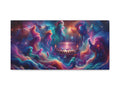 A canvas art piece depicting a vibrant cosmic scene with swirling nebulae in hues of blue, pink, and purple, encircling a central platform with ethereal figures.