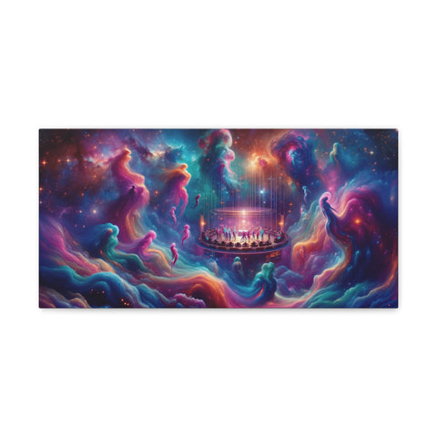 A canvas art piece depicting a vibrant cosmic scene with swirling nebulae in hues of blue, pink, and purple, encircling a central platform with ethereal figures.