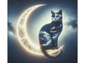 A canvas art depicts a whimsical scene of a cat with fur patterned like a starry night sky, perched atop a crescent moon against a cosmic backdrop.