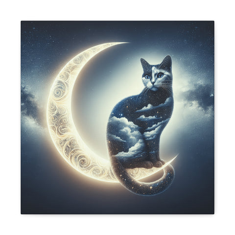 A canvas art depicts a whimsical scene of a cat with fur patterned like a starry night sky, perched atop a crescent moon against a cosmic backdrop.