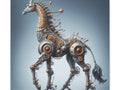 A canvas art depicting a steampunk-style mechanical giraffe made of gears, cogs, and metallic structures against a muted blue background.