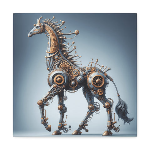 A canvas art depicting a steampunk-style mechanical giraffe made of gears, cogs, and metallic structures against a muted blue background.