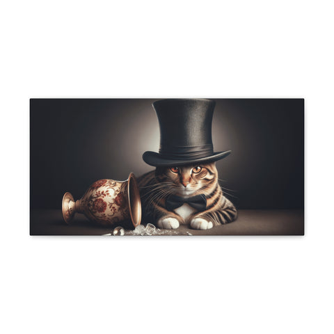 A canvas depicting a whimsical scene with a cat wearing a top hat and sitting next to an overturned vase spilling pearls onto a dark surface.