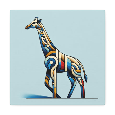 A stylized canvas art depicting a giraffe with abstract, colorful patterns on its body against a plain background.