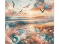 A canvas displaying a surreal seascape with whimsical swirls, vibrant seashells, and birds in flight, all bathed in a warm, otherworldly glow.