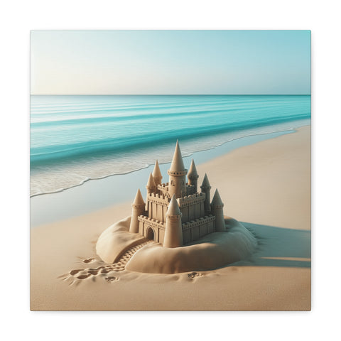 A canvas depicting an intricately crafted sandcastle on a serene beach with gently lapping waves and soft morning light.