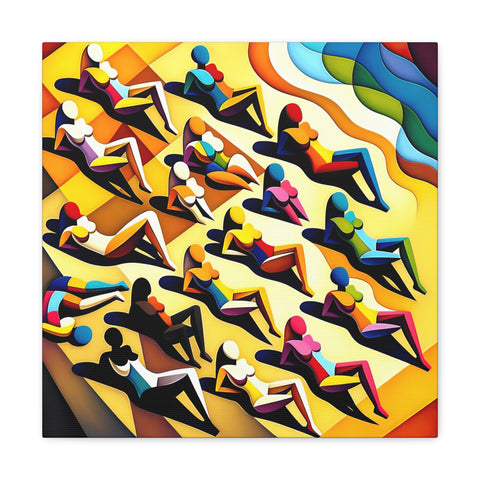 Abstract canvas art featuring stylized, colorful figures seated in rows, giving the impression of an audience or a group gathering.