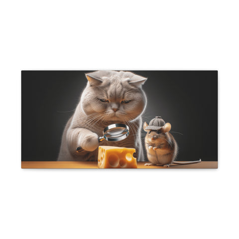 An amusing canvas art piece featuring a magnifying-glass-wielding cat dressed as a detective examining a mouse wearing a Sherlock Holmes hat, standing next to a piece of cheese.