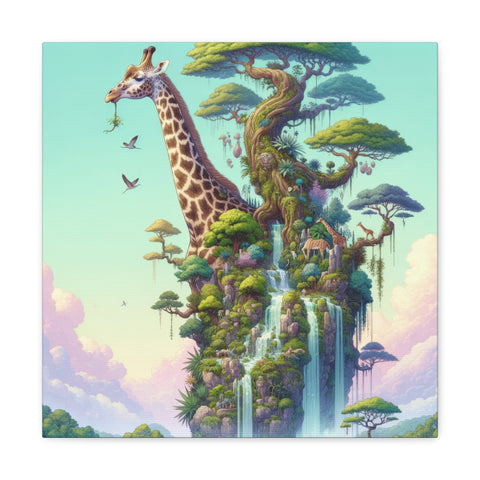 A canvas art depicting a surreal landscape with a giraffe grazing among vibrant, verdant trees atop cascading waterfalls, with birds flying in the serene sky.