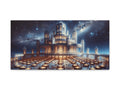A canvas art featuring a fantastical palace with glowing lights and towering spires, set against a starry night sky.
