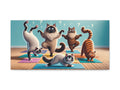 A whimsical canvas art featuring four cartoon cats with exaggerated expressions standing on a colorful mat, each with a question mark above its head against a pale blue wall background.