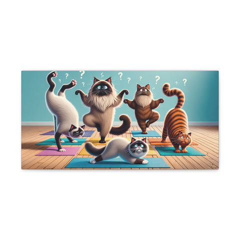 A whimsical canvas art featuring four cartoon cats with exaggerated expressions standing on a colorful mat, each with a question mark above its head against a pale blue wall background.