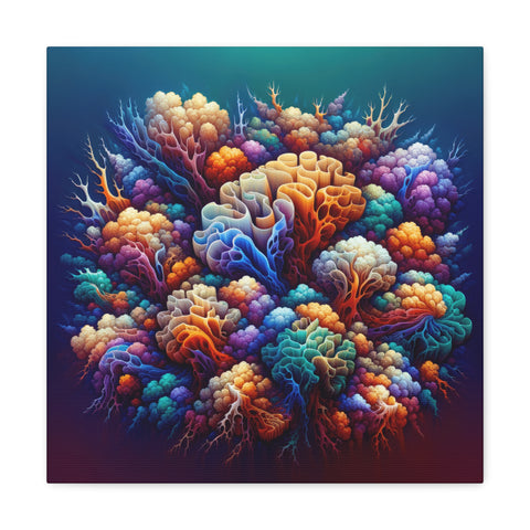 A vibrant canvas art piece showcasing a variety of textured and colorful coral reefs against a deep blue gradient background.