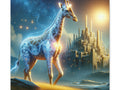 A canvas art depicting a glowing, patterned giraffe before a fantastical cityscape with celestial bodies shining in the twilight sky.