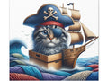 A canvas art depicting an illustration of a cat with a pirate hat and eye patch, superimposed on a ship sailing through a sea made of colorful yarn.