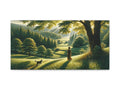 Alt-text: A serene canvas art depicting a woman and her dog walking through a lush, sunlit landscape with rolling hills, majestic trees, and a distant waterfall.