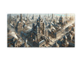 A canvas art depicting a sprawling, steampunk-inspired cityscape with intricate architecture and a haze of golden-brown fog.