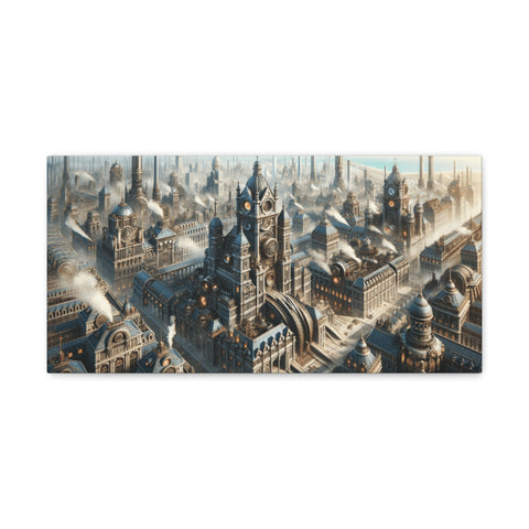 A canvas art depicting a sprawling, steampunk-inspired cityscape with intricate architecture and a haze of golden-brown fog.