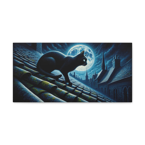 A canvas art depicting a silhouette of a cat sitting on a roof at night with a full moon and a quaint village in the background.