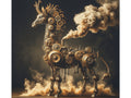 A canvas art depicting a steampunk-style mechanical giraffe with intricate gears and cogs, surrounded by billowing clouds of steam against a dark backdrop.