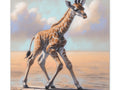 A canvas art depicting a young giraffe walking gracefully with a soft cloudy sky in the background.