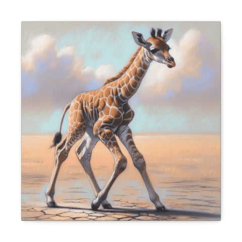 A canvas art depicting a young giraffe walking gracefully with a soft cloudy sky in the background.