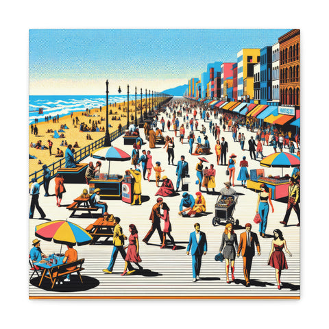 A vibrant canvas art depicting a bustling beachside promenade with colorful buildings, numerous people walking, and beachgoers under umbrellas.