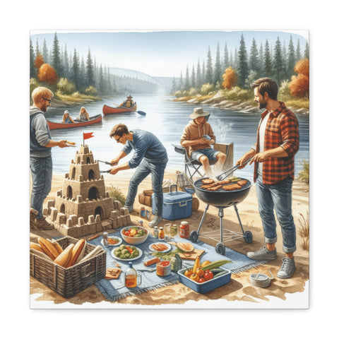 A canvas art depicting a serene lakeside scene with people enjoying a picnic and barbecue, while others are canoeing in the background amidst autumnal trees.