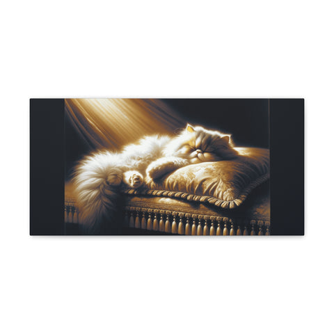 A canvas art depicting a serene and fluffy cat basking in the warm sunlight on a cozy cushioned surface.