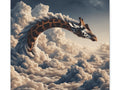 A surreal canvas art depicting a giraffe with an elongated neck reaching through a dense and dramatic landscape of fluffy clouds against a twilight sky.