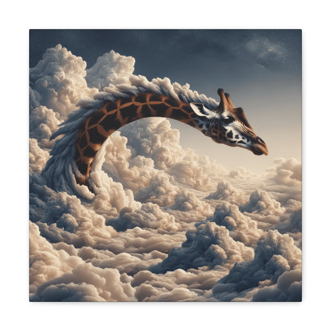 A surreal canvas art depicting a giraffe with an elongated neck reaching through a dense and dramatic landscape of fluffy clouds against a twilight sky.