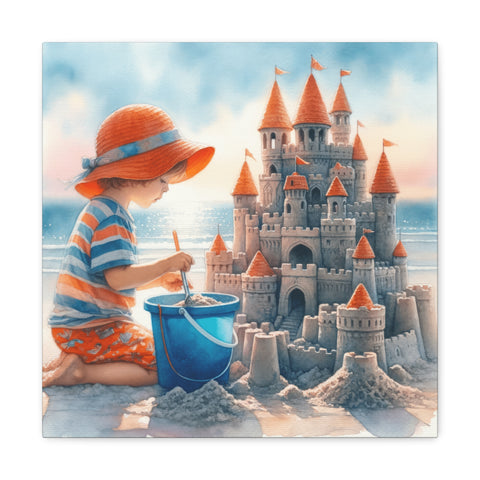 A canvas art depicting a young child in a striped orange hat and shorts, intently building an elaborate sandcastle on a sunny beach.