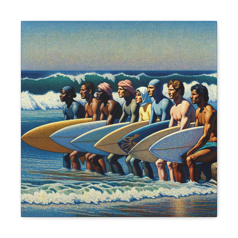 A canvas featuring a stylized illustration of a diverse group of surfers lined up with their boards, looking out at the waves.