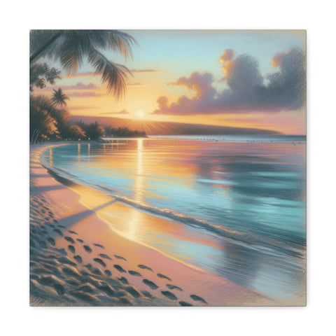 A canvas art depicting a serene tropical beach sunset with vivid colors reflecting off the water and silhouettes of palm trees against the sky.