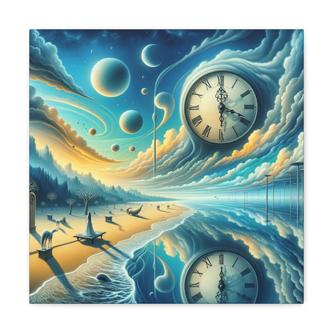 This canvas art features a surreal landscape with clocks melting over the edges of a table, a winding river, and planetary bodies in the sky, reminiscent of Salvador Dali's style.