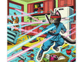 A vibrant canvas art piece featuring an anthropomorphic cat in a blue outfit, wearing sunglasses, and wielding a glowing sword, causing chaos in a colorful kitchen setting.