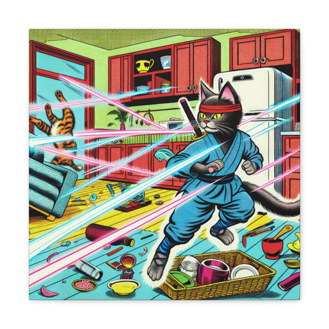 A vibrant canvas art piece featuring an anthropomorphic cat in a blue outfit, wearing sunglasses, and wielding a glowing sword, causing chaos in a colorful kitchen setting.