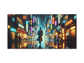 A canvas art depicting a solitary figure walking down a futuristic neon-lit street at night, reflecting urban vibrancy and solitude.