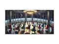 A panoramic canvas art depicting an elegant ballroom scene in space with couples dancing, surrounded by large windows offering views of the cosmos.