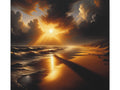 A canvas displaying a dramatic seascape scene with the sun beaming through clouds onto the dark, rippling ocean waves at sunset.