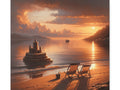 A canvas art depicting two empty chairs facing a tranquil sunset over the ocean, with a sand castle in the foreground and mountains in the distance.