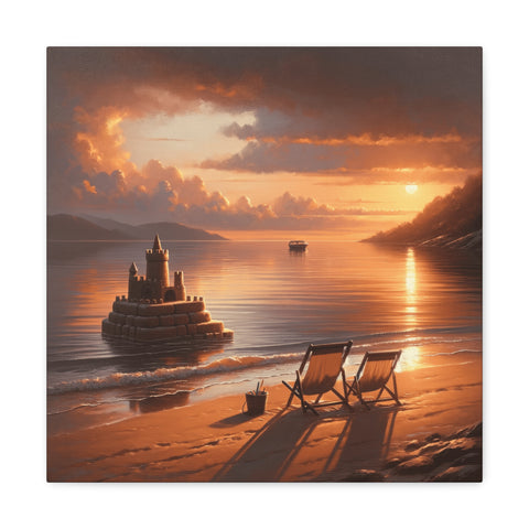 A canvas art depicting two empty chairs facing a tranquil sunset over the ocean, with a sand castle in the foreground and mountains in the distance.