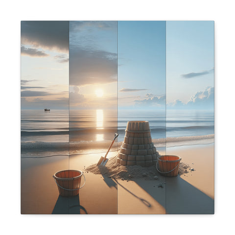 A four-panel canvas art depicting a serene beach scene with a sandcastle in the foreground and a beautiful sunset over a calm sea in the background.