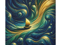A canvas art piece depicting a small sailboat amidst a vibrant, swirling mix of blue and gold waves that evoke a sense of the mystical and the maritime.