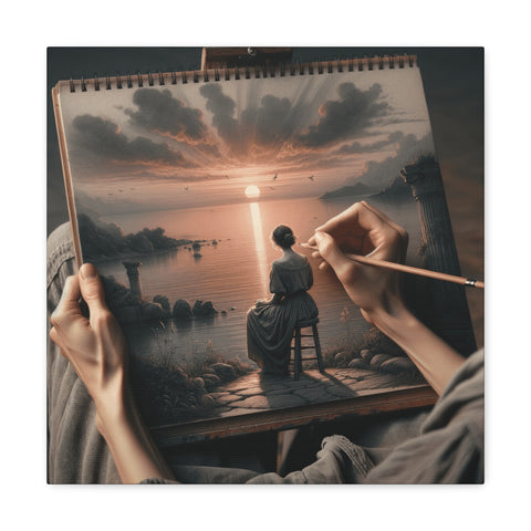 A person's hands are seen drawing on a canvas, which depicts a serene scene of a woman gazing at a sunset over a calm lake with birds flying and clouds reflecting the warm glow of the sun.