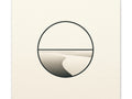 A canvas art piece featuring a minimalist circular design depicting a serene beach scene with a winding shoreline bisecting the circle, against a plain, textured background.
