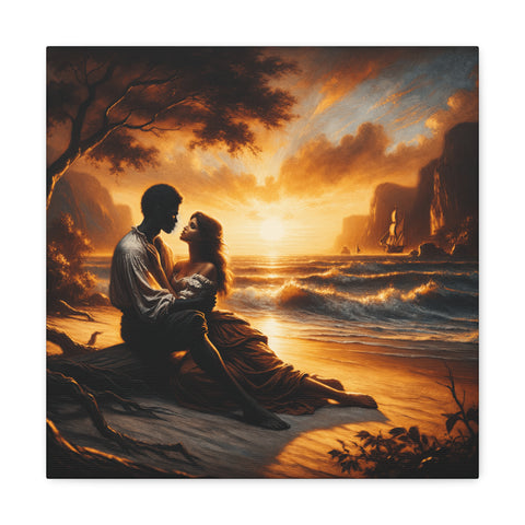 A couple sits embraced on a rocky outcrop, silhouetted against a vibrant sunset over a tumultuous sea, depicted on a square canvas art piece.