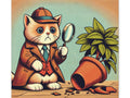 A whimsical canvas art featuring an anthropomorphic cat dressed as a detective with a magnifying glass, investigating a toppled over plant pot.