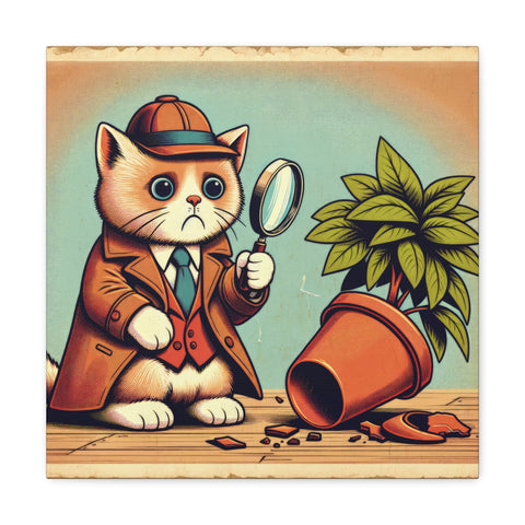 A whimsical canvas art featuring an anthropomorphic cat dressed as a detective with a magnifying glass, investigating a toppled over plant pot.