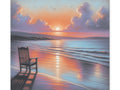 A canvas art depicting a serene sunset with radiant clouds reflecting on a tranquil sea, featuring a lone chair on the shore under a dusky sky.
